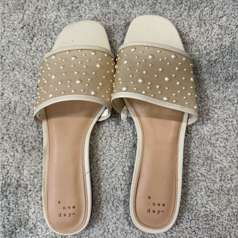 A New Day Women's Pearl Embellished Cream and Tan Sandals